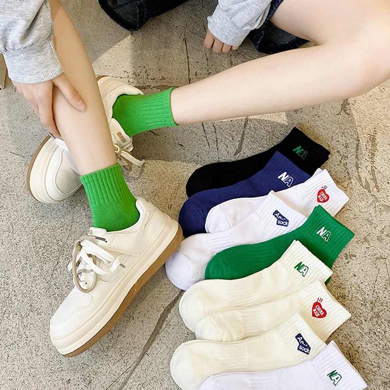 Fashion Green Plaid Socks Woman Ins Korean Style Letter Cute Socks Spring Summer Cotton White Long Socks Harajuku Calceines