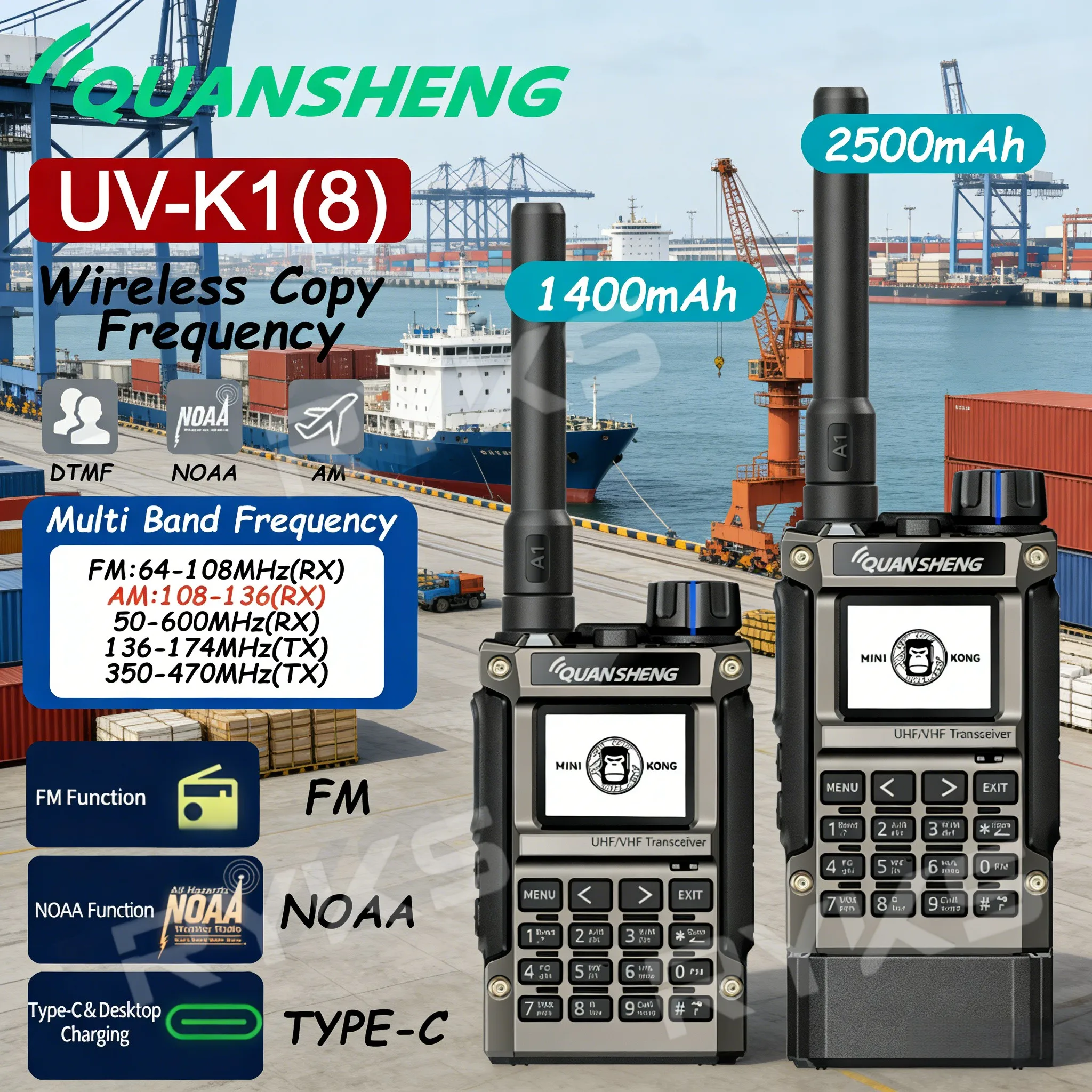 Рация Quansheng UV-K1（8） AM/FM, многодиапазонная, с беспроводным копированием частот, большой дальностью действия, зарядкой Type-C, для кемпинга, UVK5 K6, для любительской радиосвязи