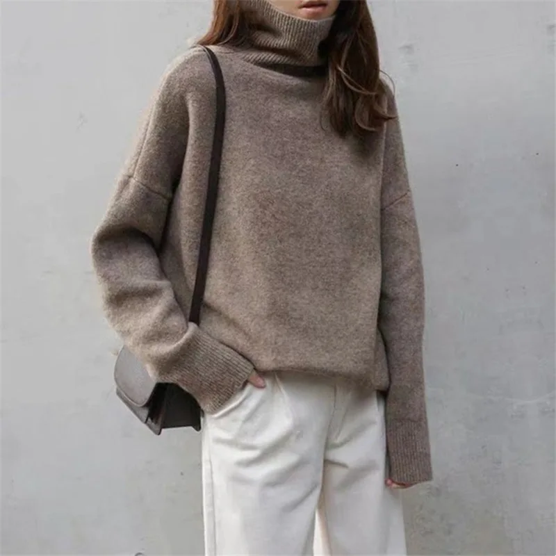 Autumn Women\'s Knitted Turtleneck Casual Long Sleeve Top Korean Fashion Green Vintage Oversize Sweater Winter 2024 Elegant Lady