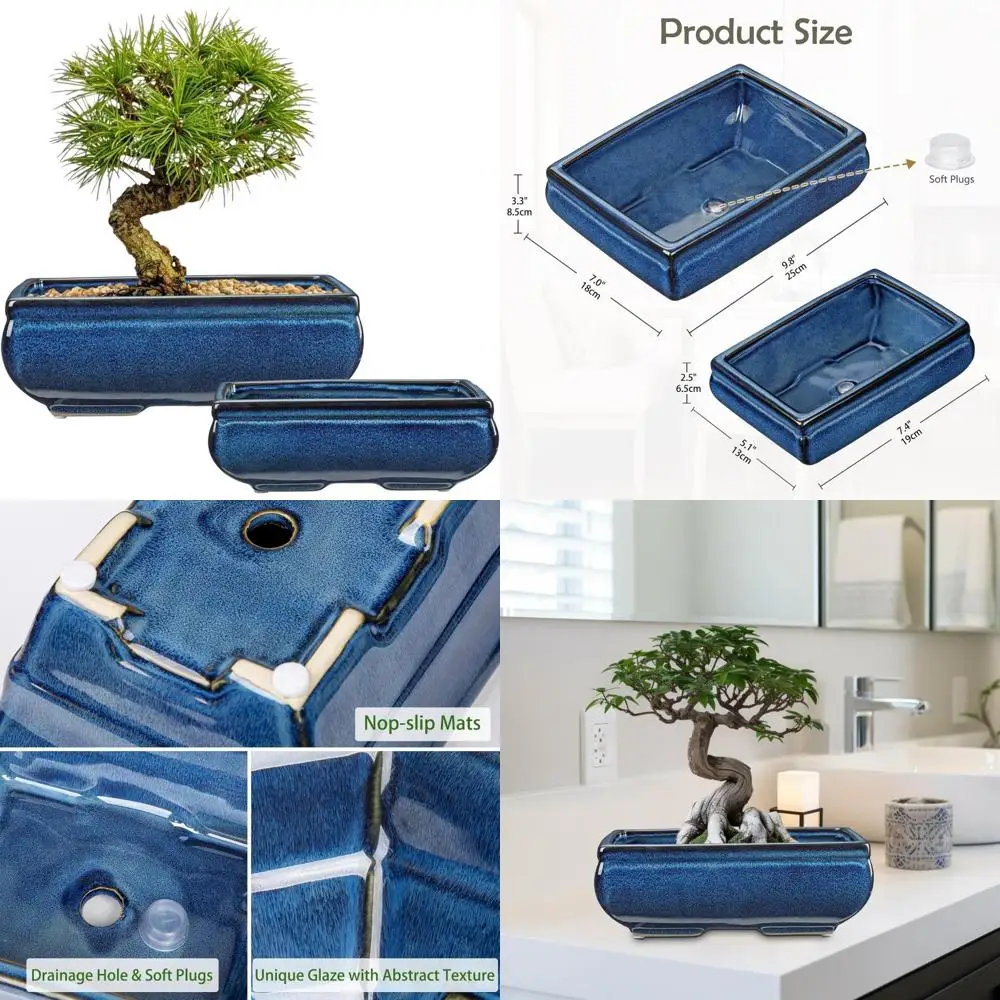 

Набор синих керамических горшков для бонсай, прямоугольные горшки 9,8 и 7,4 дюйма с дренажем для комнатных/наружных растений, подходят для небольших