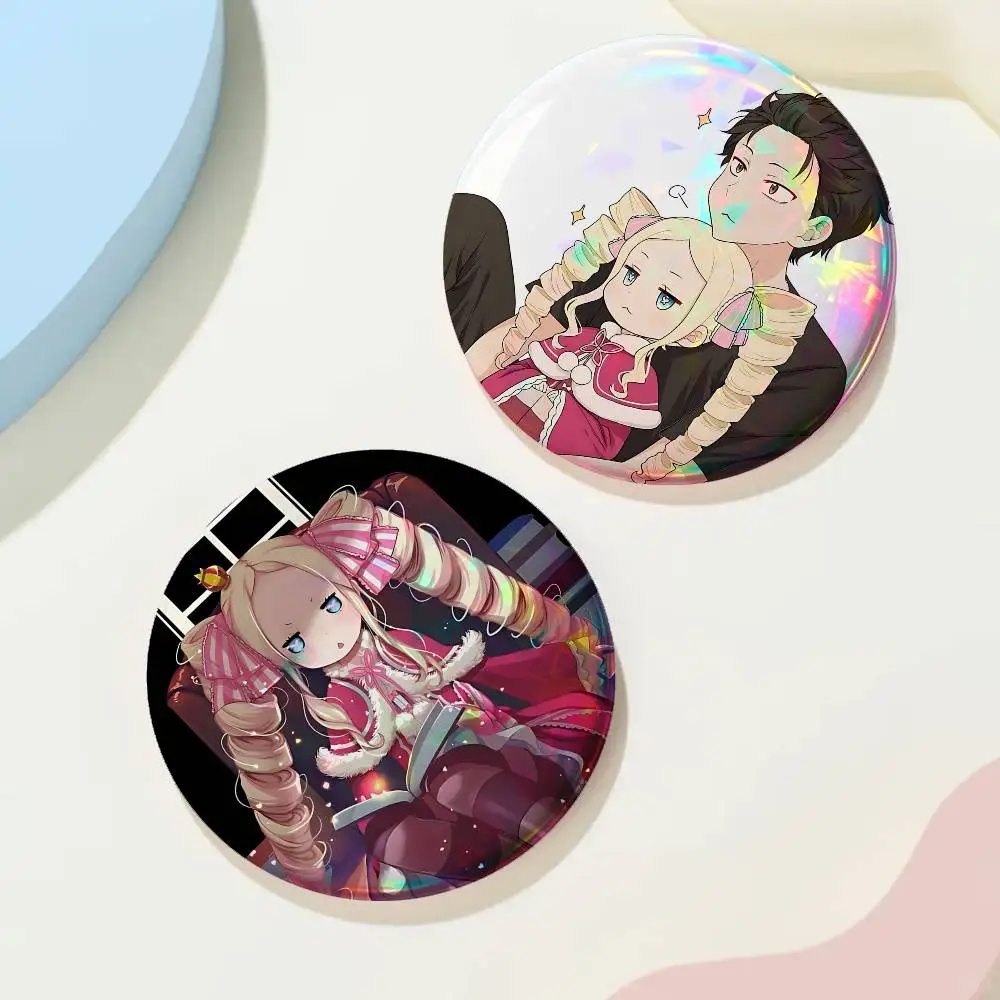Cute B-Beatrice Kawaii Re Zero For Badge Custom Laser Hologram Personalized Metal Lapel Brooch For Clothes Bag Accessory Gift