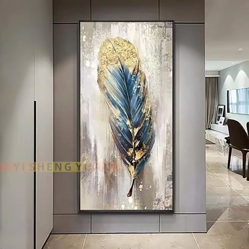 

High Quality Thick Gold Foil Feather Handmade Modern Abstract Canvas Art Oil Painting Unframed Home Decoration Pieces Luxury