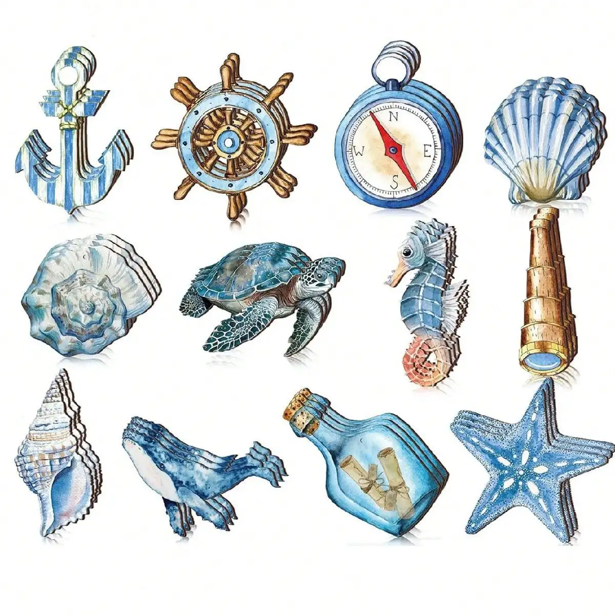 12pcs- Summer beach wooden decorations, blue ocean, tree decorations, nautical coastal theme hanging ornaments, anchors, turtle