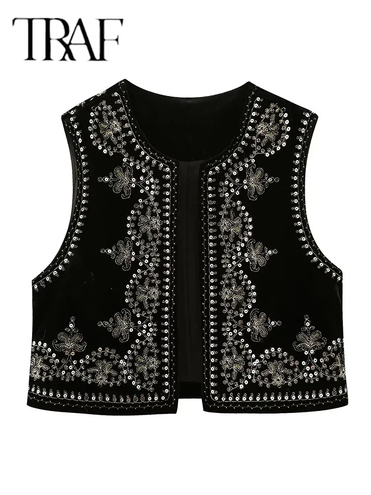 TRAF Vintage Autumn Velvet Embroidered Vest Sleeveless Jacket Women V Neck Chic Waistcoats Female Fashion Vests Coat 2023