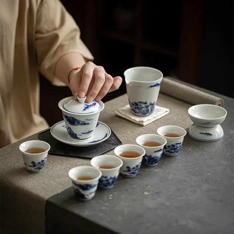 Chinese Ceramic Blue and White Ceramic Tea Set Antique Literati Space Home Kung Fu Tea Set Gift Box Luxury Designer Teaware Cups