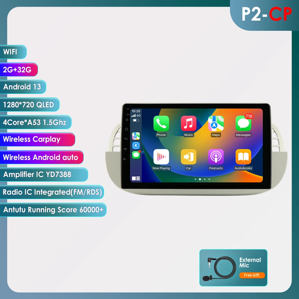 OSSURET 1Din 8G 128G Carplay 9'' Android autoradio voor Fiat 500 2007-2014 GPS Multimedia Videospeler Navi 4G WIFI BT DSP 7862