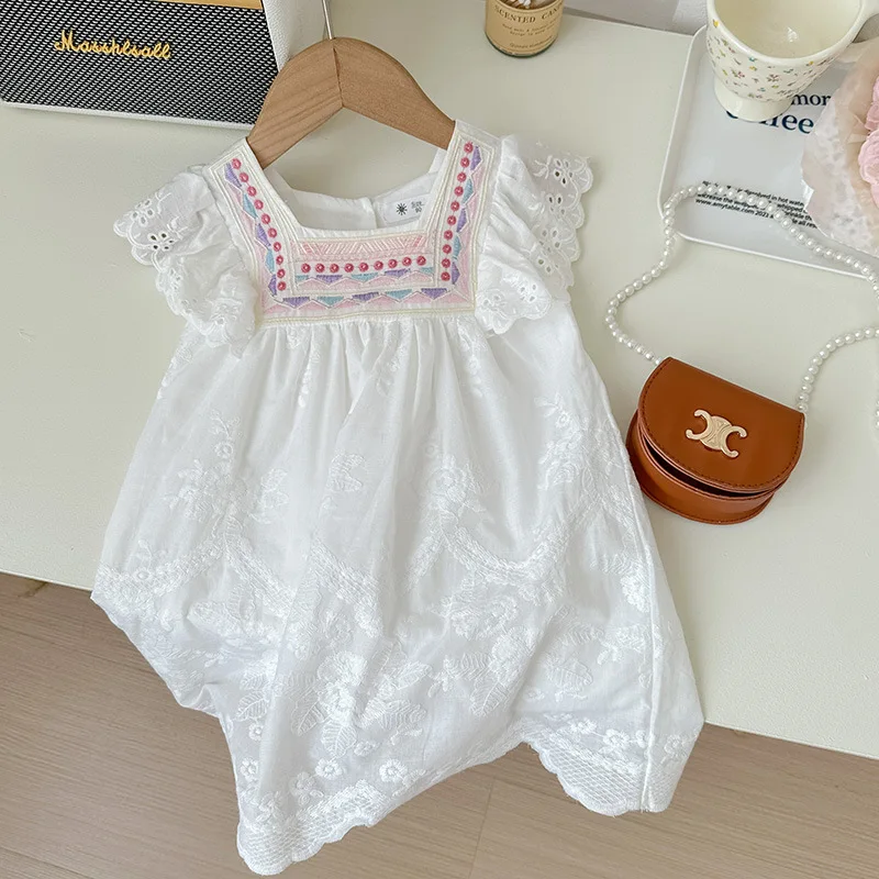 White Embroidered Dress Toddler Girls Fly Sleeve Boho Dress Natural Kids Dresses