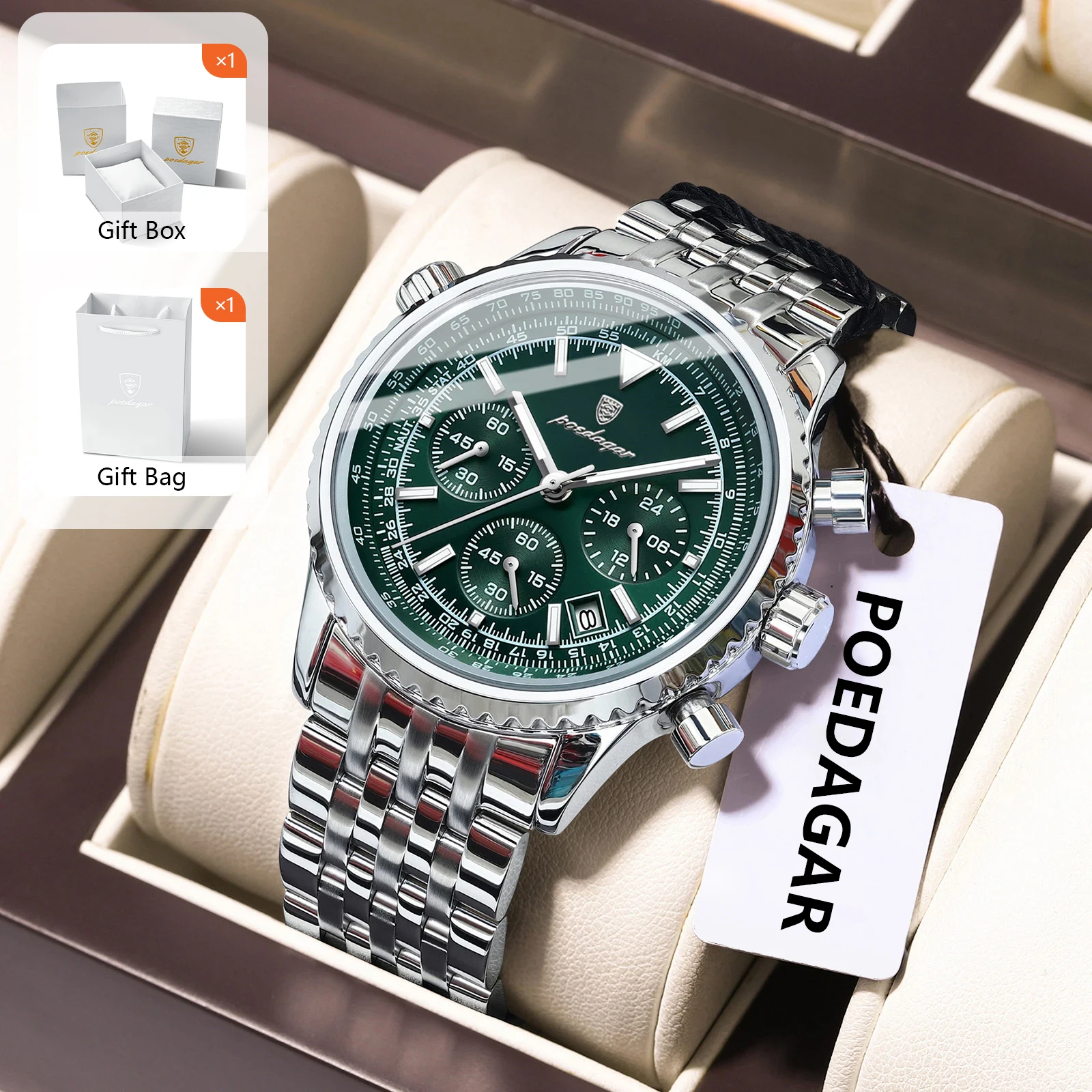 

POEDAGAR Роскошные мужские часы с хронографом и датой, мужские наручные часы из нержавеющей стали, водонепроницаемые светящиеся военные кварцевые мужские часы + коробка