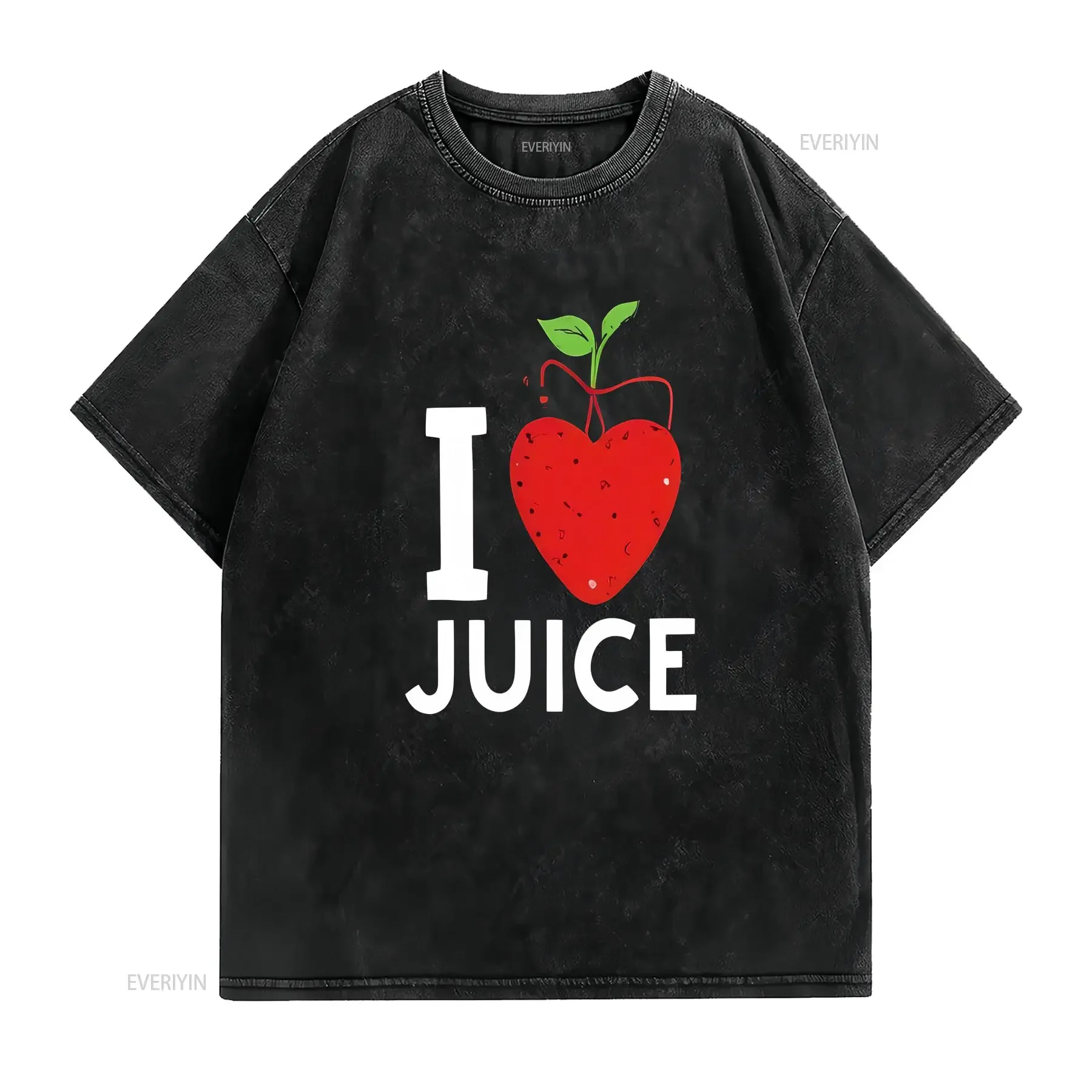 Black T Shirt with I Love Juice Red Strawberry Heart Design vintage Washed Stylish Slightly homme Top For Everyday Wear Soft