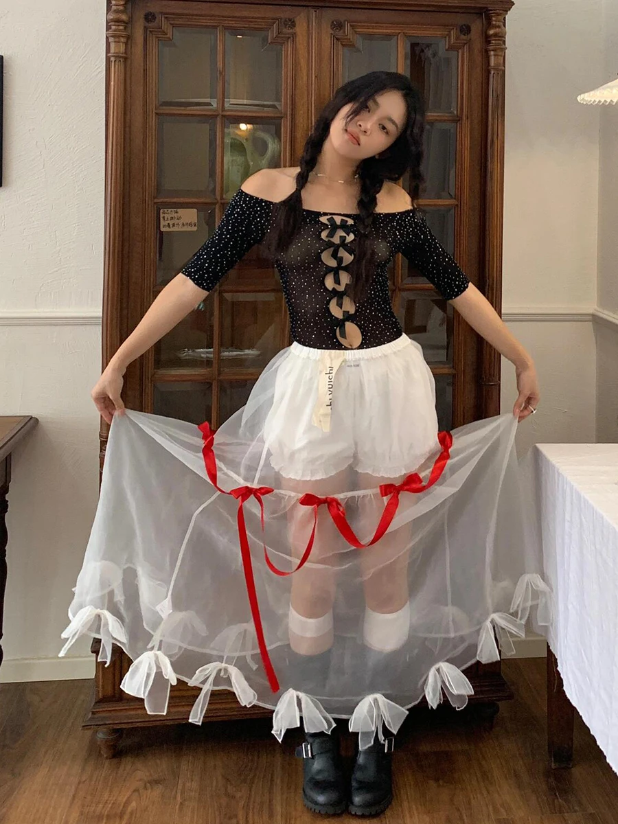 ReddaChic Body trasparente con glitter neri Body intero con fiocco tagliato a maniche corte Body aderente Top da donna sexy Night Clubwear