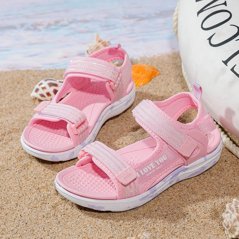 Sandals Girls Soft Soles Casual Shoe Fashionable Princess Shoes New Flowers Pink Flat Shoes  Brand Non-slip Beach Shoes Children