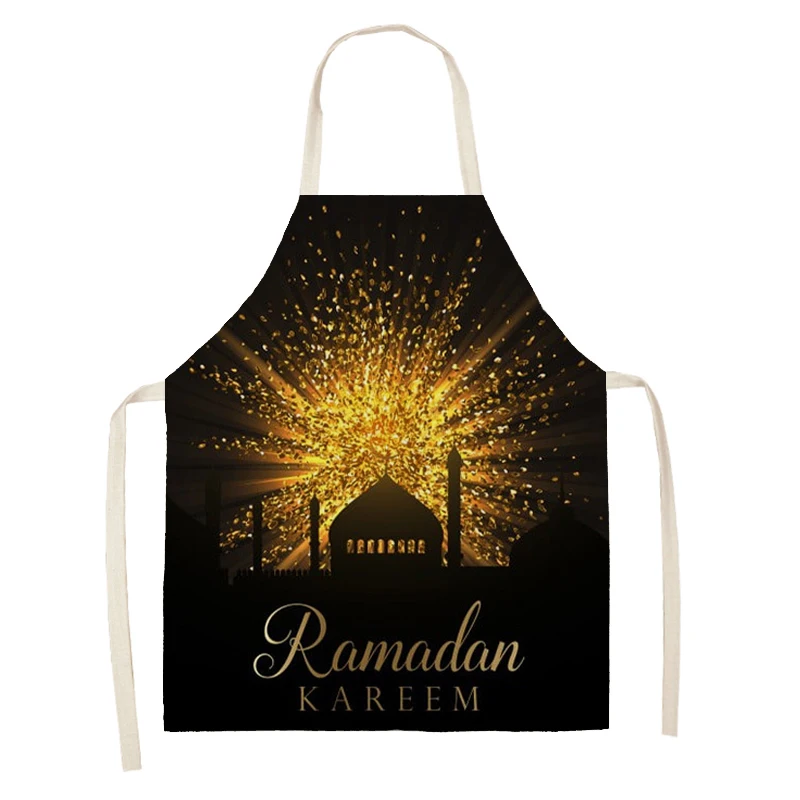 Muslim Eid Mubarak Printed Kitchen Apron For Women Ramadan Kareem Home Cooking Baking Star Crescent Cotton Linen Waist Bib Decor