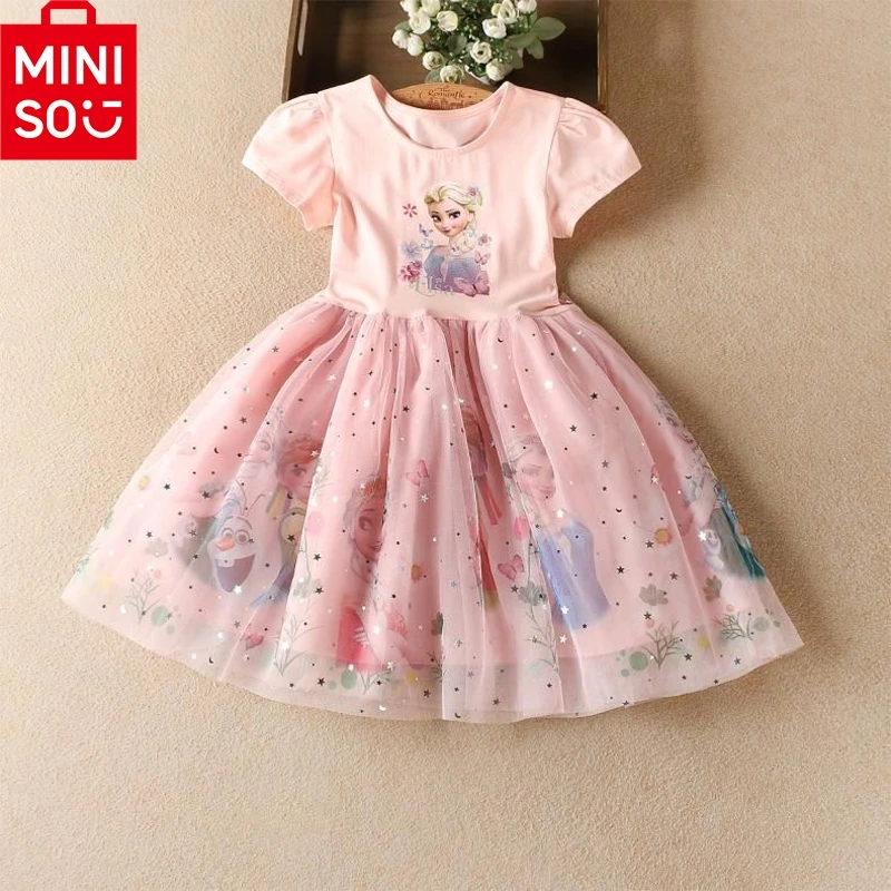 

MINISO платье для маленьких девочек, летнее платье принцессы Эльзы для малышей, детские корейские платья для девочек, костюм для дня рождения от 2 до 8, 10 лет