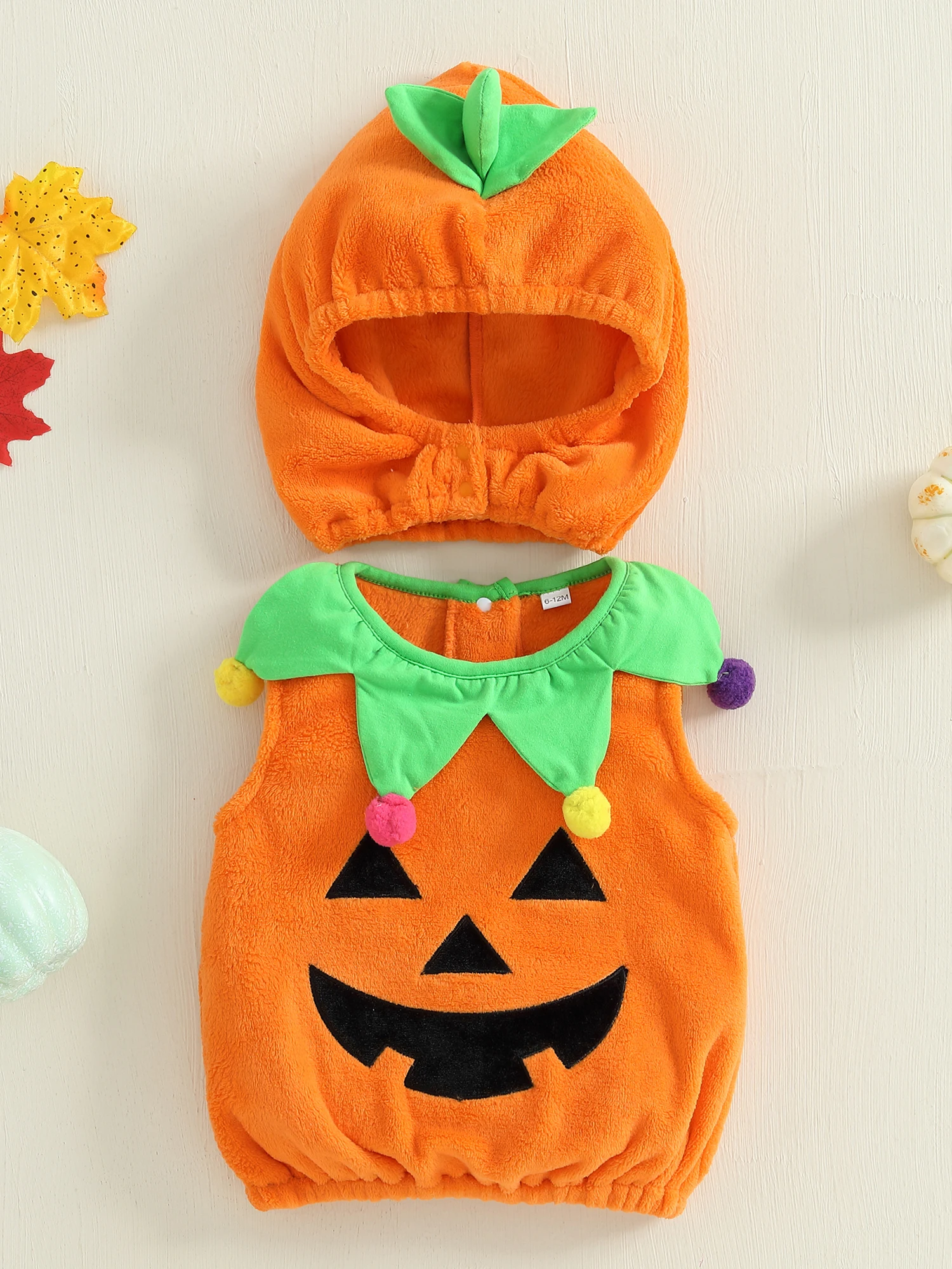 

Infant Pumpkin Costume Adorable Halloween Sleeveless Round Neck Tank Top with Matching Hat for Baby Boy or Girl