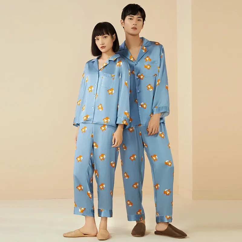 Couple's Pajamas 100% Mulberry Silk Cute Tiger Printed Women's Long Sleeve Pajamas Dog Men's Pajama Set Fox Matching Nightwear