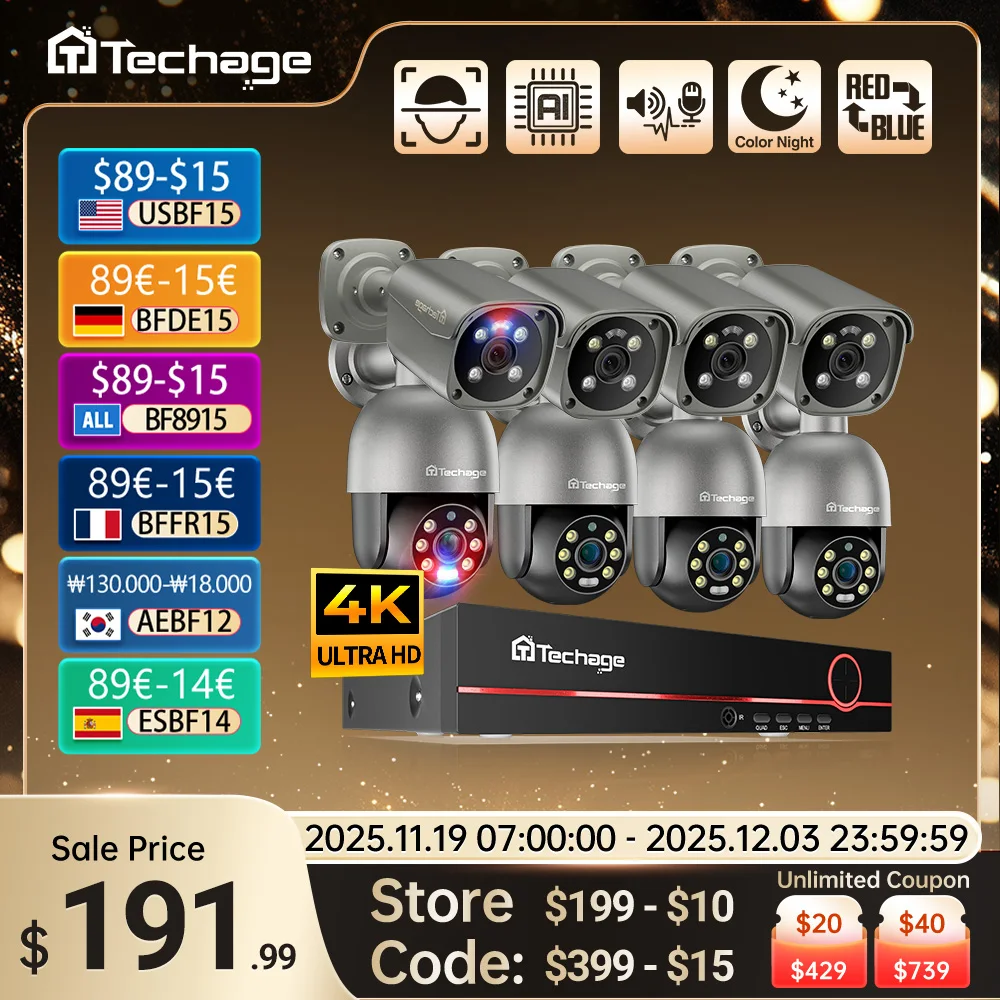 

Techage 8CH 4K UHD 8MP PTZ POE Камера Система Открытый AI Обнаружение человека Двустороннее разговоры CCTV Видеонаблюдение Комплект NVR H.265