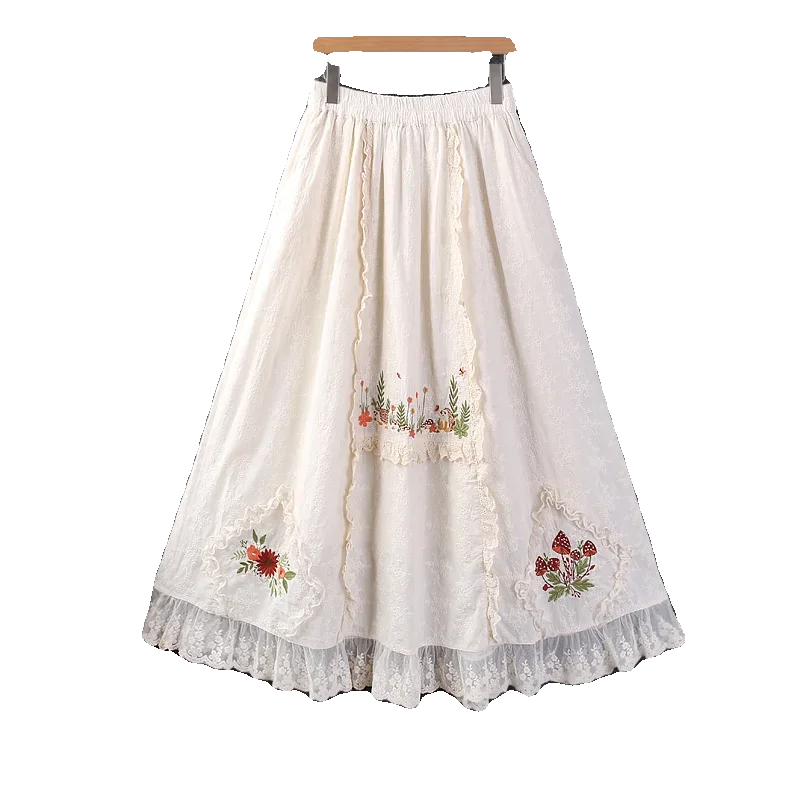 Spring Summer Sweet Mori Girl Lace Floral Embroidered Skirt Women Elastic Waist Casual Loose Pockets Midi Skirts