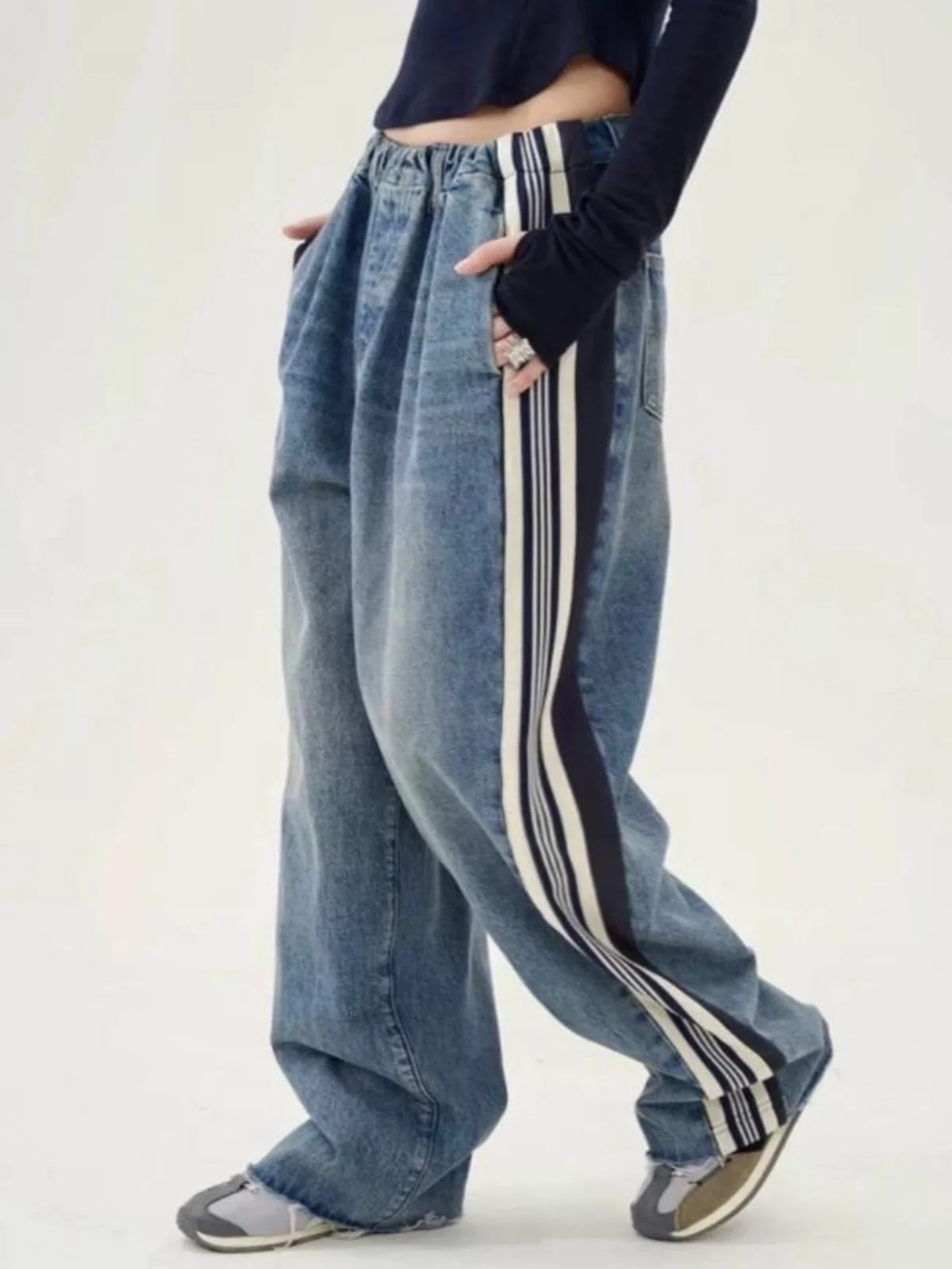 

Женские винтажные потертые джинсы, цветные полоски, прямые длинные брюки с эластичной резинкой на талии, брюки длиной до пола