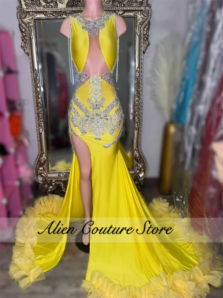 Sexy exquisito amarillo de lujo largo sirena Vestidos de baile rebordear cristales vestido de fiesta de cumpleaños diamantes Vestidos personalizados
