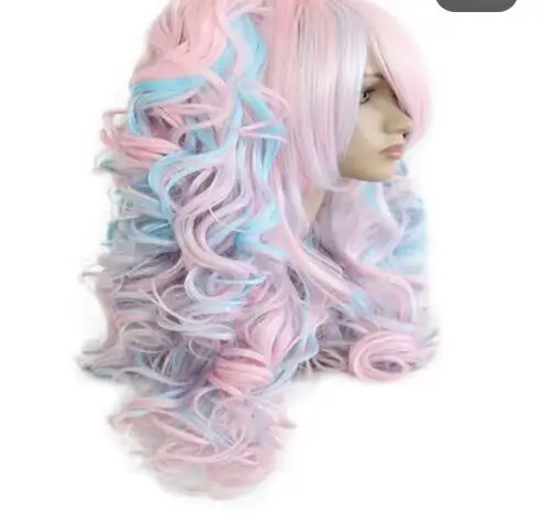 Women 70cm Long Blue Mixed Pink Wavy Braided 2 Ponytails Synthetic Party Cosplay Wig 30 Colors Available