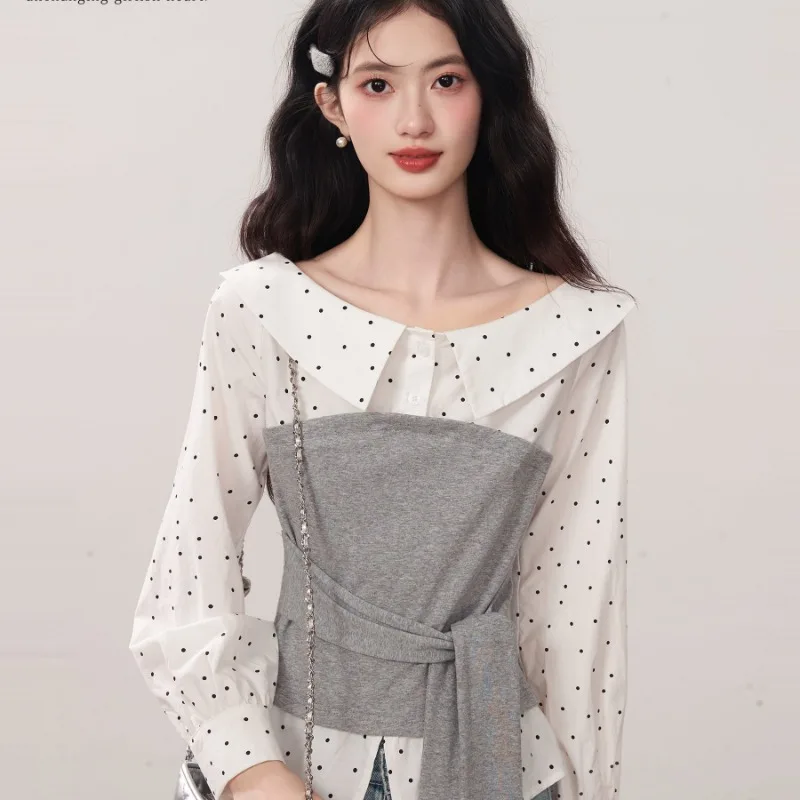 Kimotimo Women Shirts Fashion Polka Dot Patchwork Bandage Waist Long Sleeve Tops 2026 Autumn Y2k Aesthetic Fake Two Piece Blouse