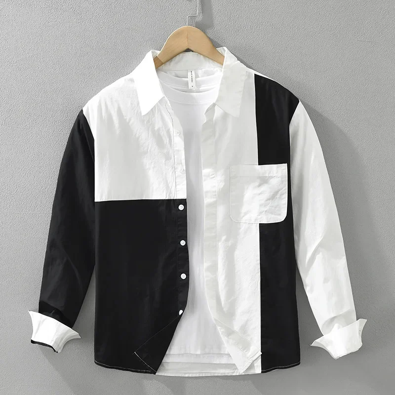 Fashion Patchwork Designer Shirts Men Youth Streetwear Mens Loose Tops Spring Fall 2024 New Pure Cotton Long Sleeve Shirt Man