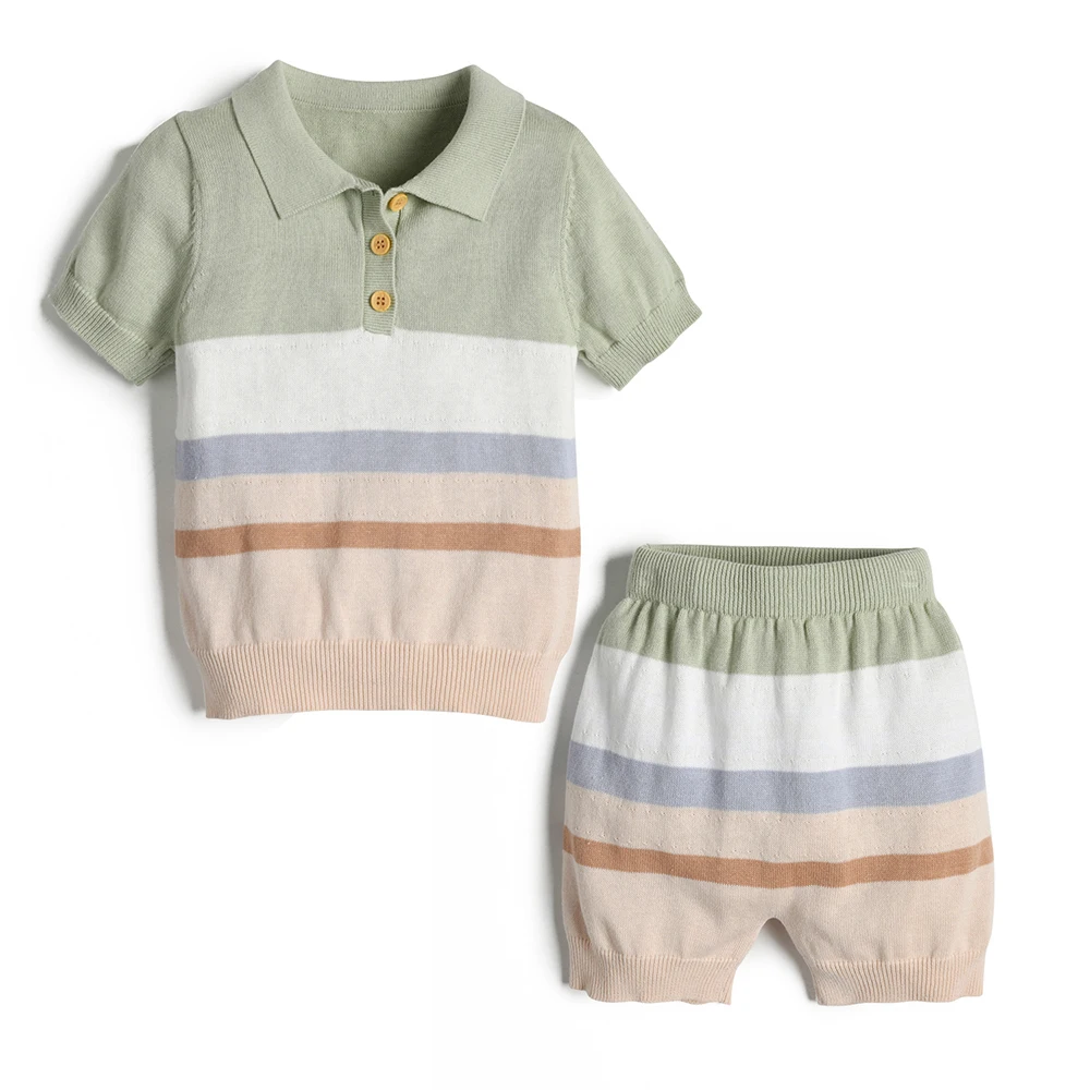 

2024 Clibeso Newborn Boys Knitted Clothes Outfit Set 2 Pcs Kids Stripes Print Polo Shirt + Knit Pants Children Tops and Bottoms