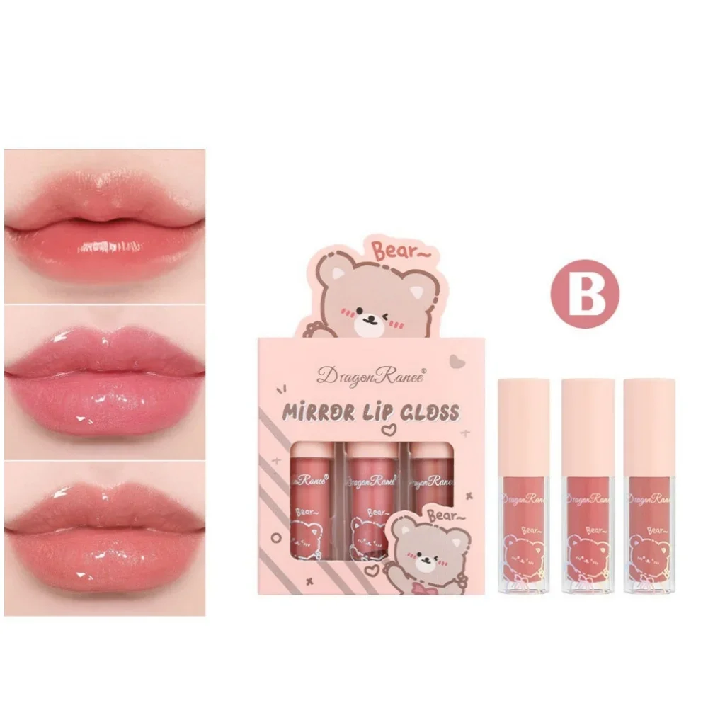 التنين راني 3 قطعة مرآة ملمع الشفاه مجموعة ترطيب مشرقة الشفاه الصقيل ترطيب اللؤلؤ السائل أحمر الشفاه الكرتون ملمع الشفاه مجموعات #4