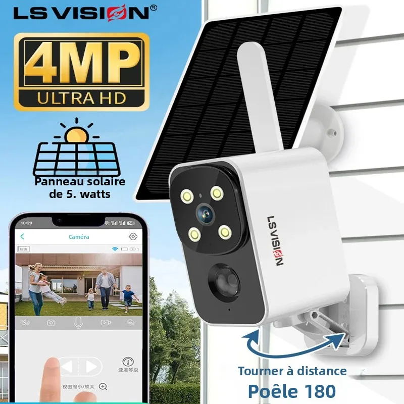 LS VISION 180 ° Caméra PTZ extérieure sans fil solaire IP 4G/Wifi 4MP HD avec batterie intégrée, caméra de surveillance vidéo 2k, application Ubox