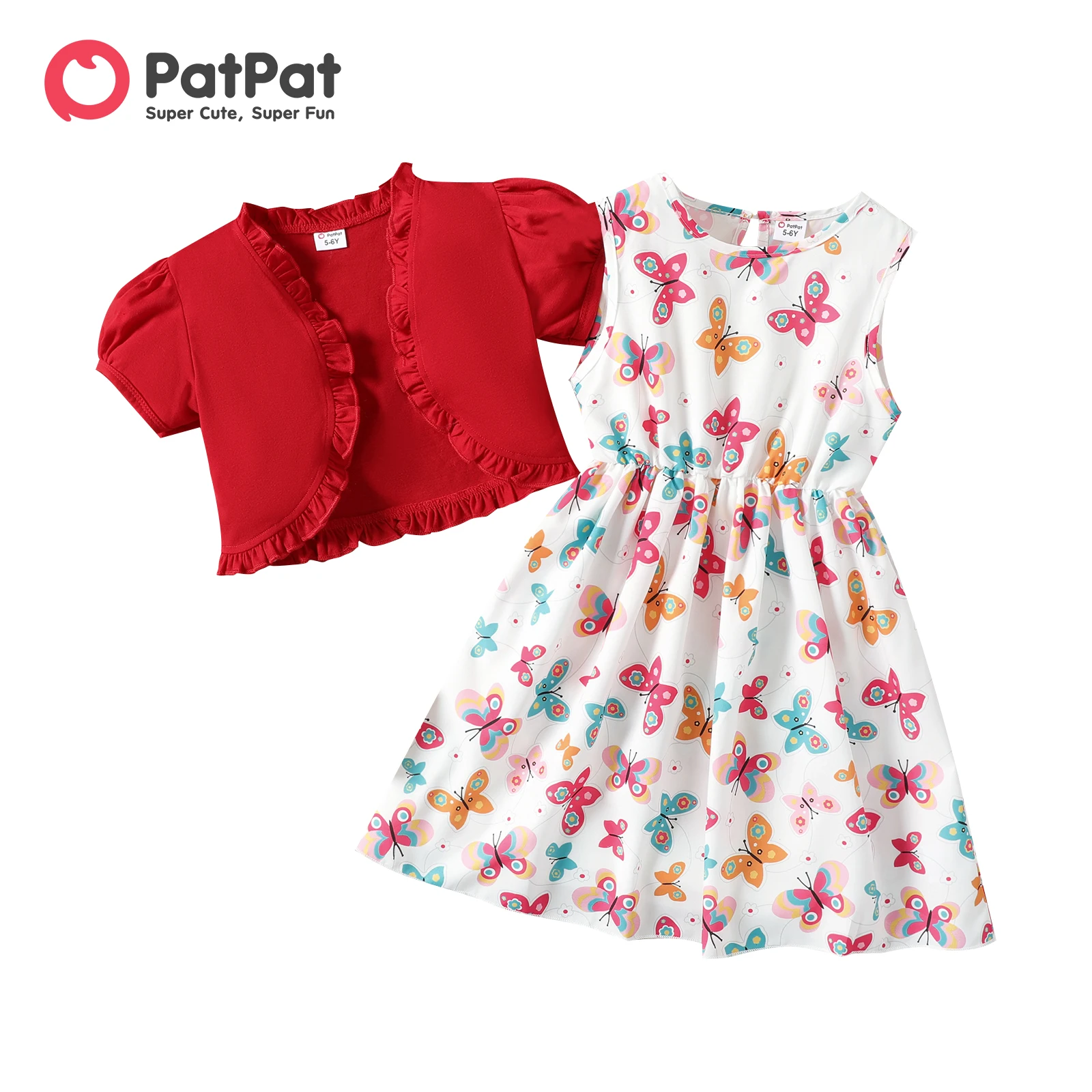 

PatPat 2Pcs Kid Girl Ruffled Short-sleeve Cardigan and Butterfly/Floral Print Tank Dress Set