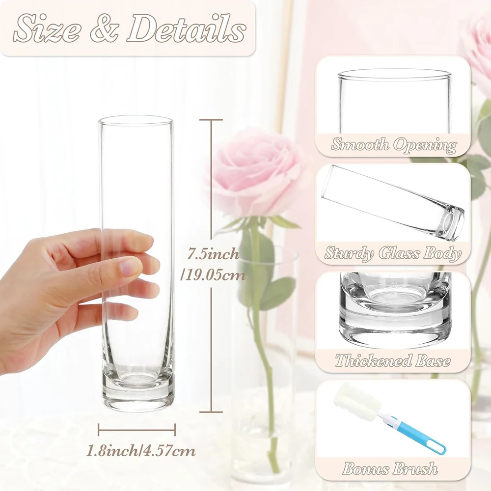 Glass Cylinder Bud Vases for Centerpieces Clear Small vases,Handmade Slim Flower Vases Wedding Table Decor for Single Rose vases