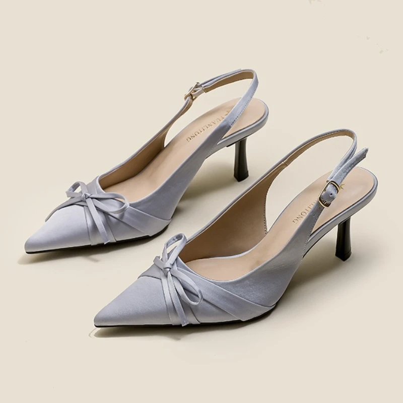 

Модные шелковые атласные женские босоножки с острым носком и узлом-бабочкой на каблуке, летние элегантные босоножки на высоком каблуке с пряжкой и пяткой