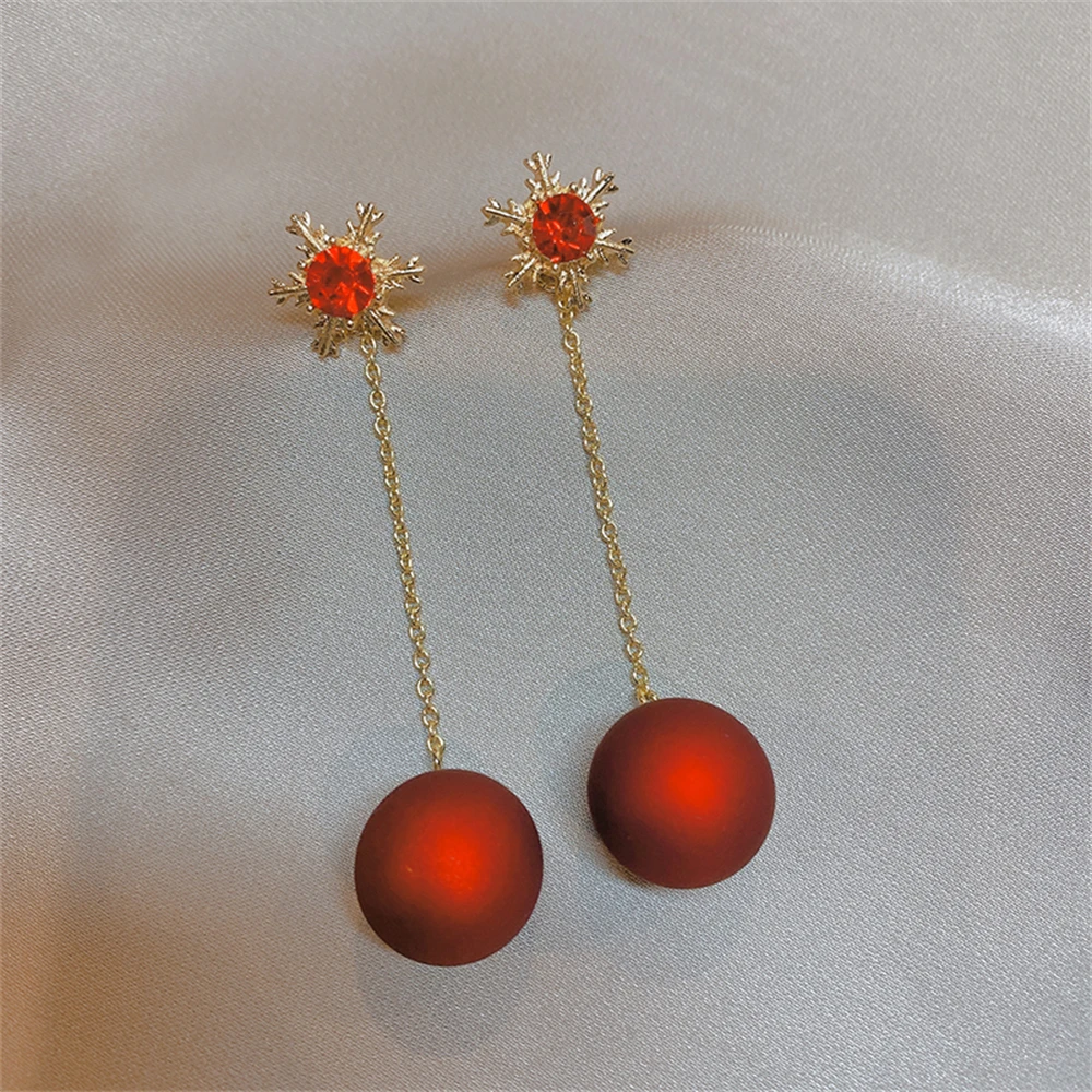 Vintage Red Pearl Long Tassel Christmas Earrings For Women Korean Fashion Shiny Crystal Snowflake Dangle Earrings Jewelry Gifts