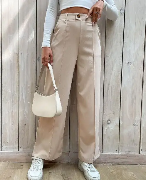 Jesienne spodnie damskie w jednolitym kolorze z wysokim stanem, wyszczuplające, proste nogawki, eleganckie spodnie do kostki w jednolitym kolorze, proste nogawki.