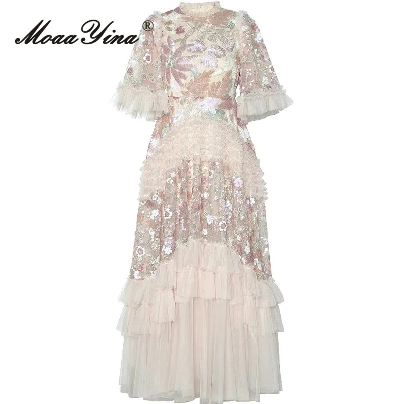 MoaaYina 2025 Spring and Summer Round Neck Trumpet Sleeves Embroidered Puff Mesh Grand Swing Dress Skirt Long Dress