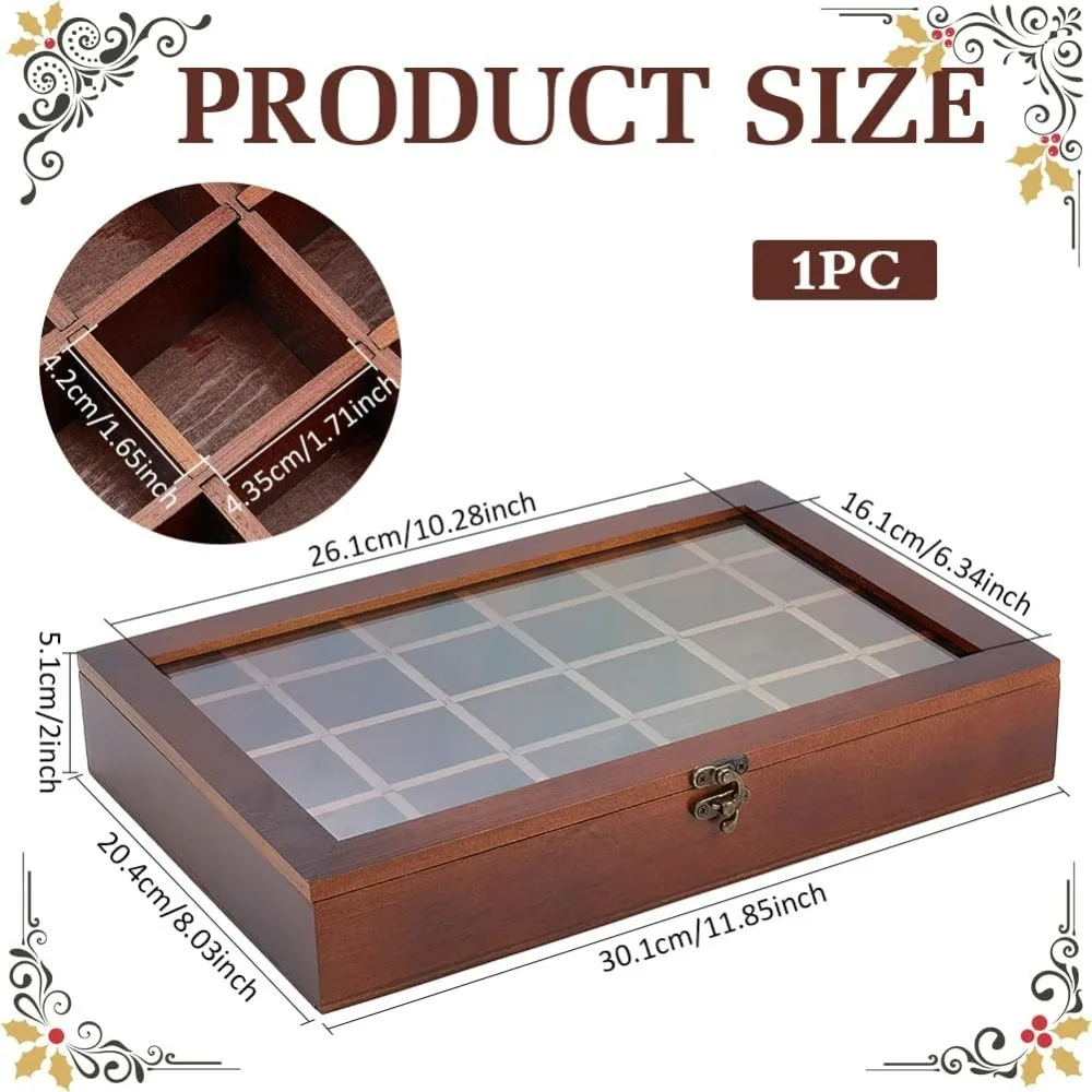 24 Grid Brown Jewelry Tray Box Wood Adjustable Display Case Rectangle Organizer Holder with Lid for Seashell Collectibles kit