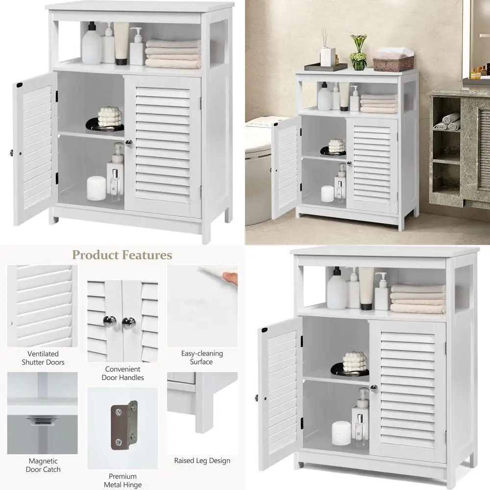 

Деревянный напольный шкаф для хранения с дверцами-жалюзи и съемными полками для гостиной, кухни и прихожей (белый)