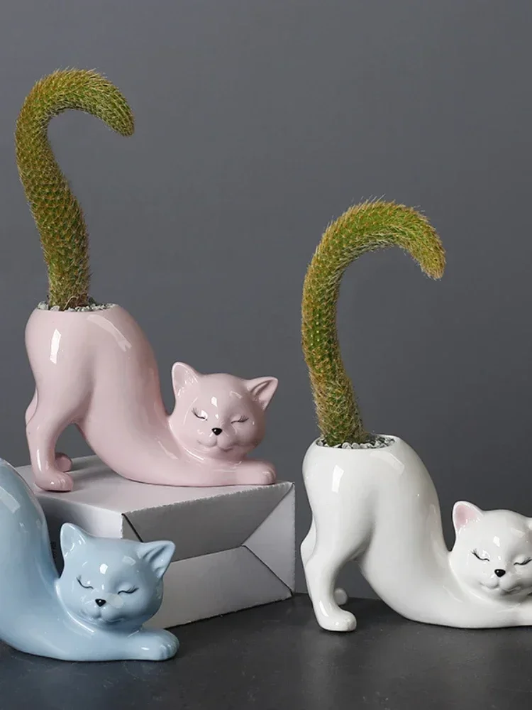 

Creative cute cat Tail Flower Pot ceramic cartoon animal Creative succulent vase Flower pot Home room decoration ins simple