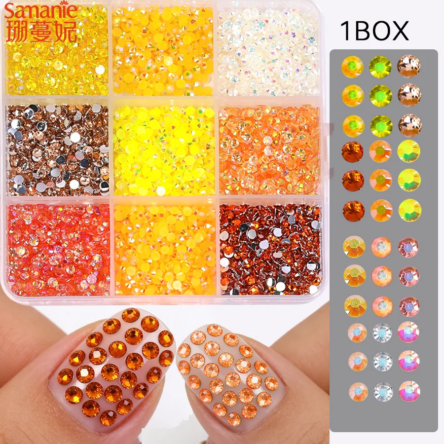 9 Grids 3D Orange Yellow Nail Rhinestone Kit, Mixed Round Flatback Crystal Gems for Nail Art & DIY Craft