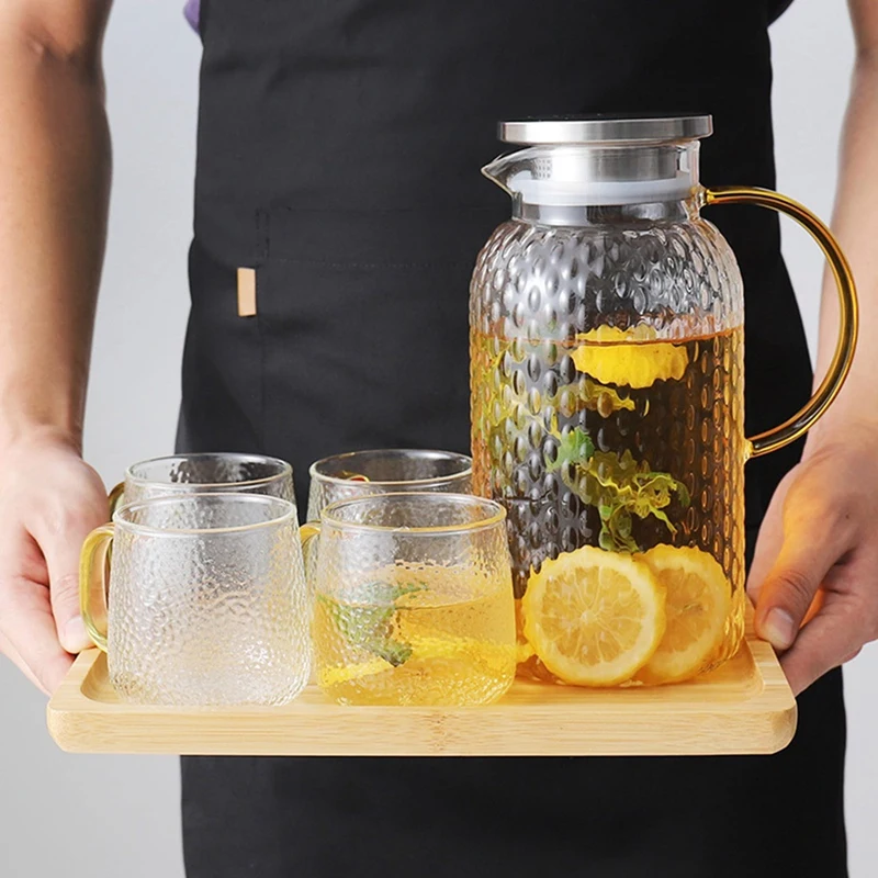 2X Water Jug, 1.9L Glass Jug, Water Jug For Fridge, Jug With Lid, Heat Resistant Pitcher, Glass Water Jug