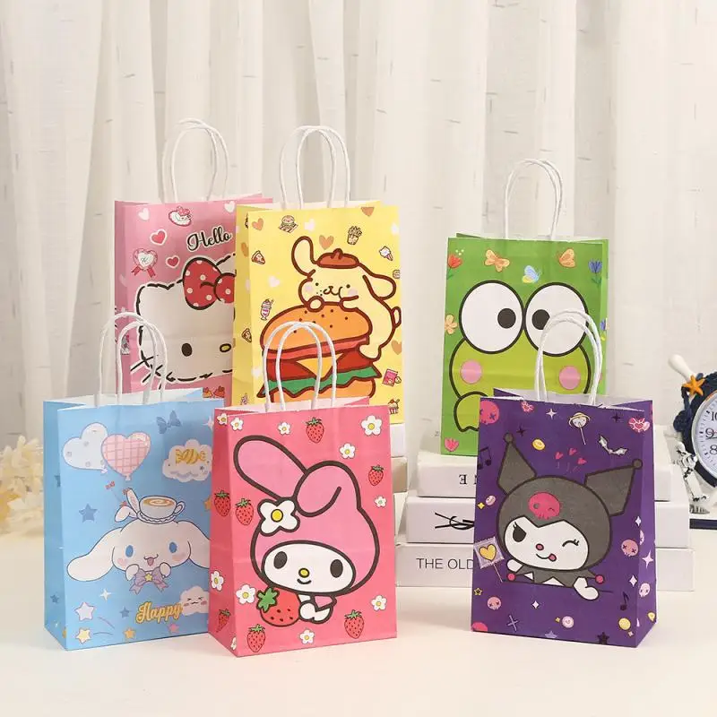 Sanrio Kraft Paper Tote Bags Hello Kitty Cinnamoroll Kuromi Creative Pattern Children's Party Supplies Girls Birthday Gift