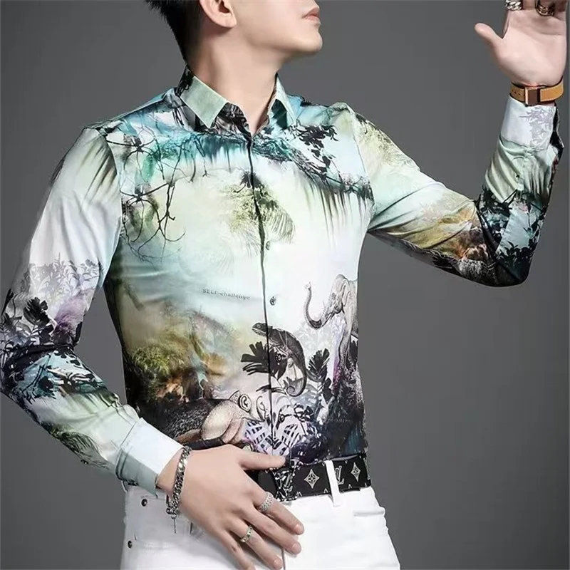 Y2K Spring Man Vintage Print Social Shirts Luxury Men's Slim Fit Long Sleeve Hawaiian Dress Shirt Fashion Casual Chemises Hommes