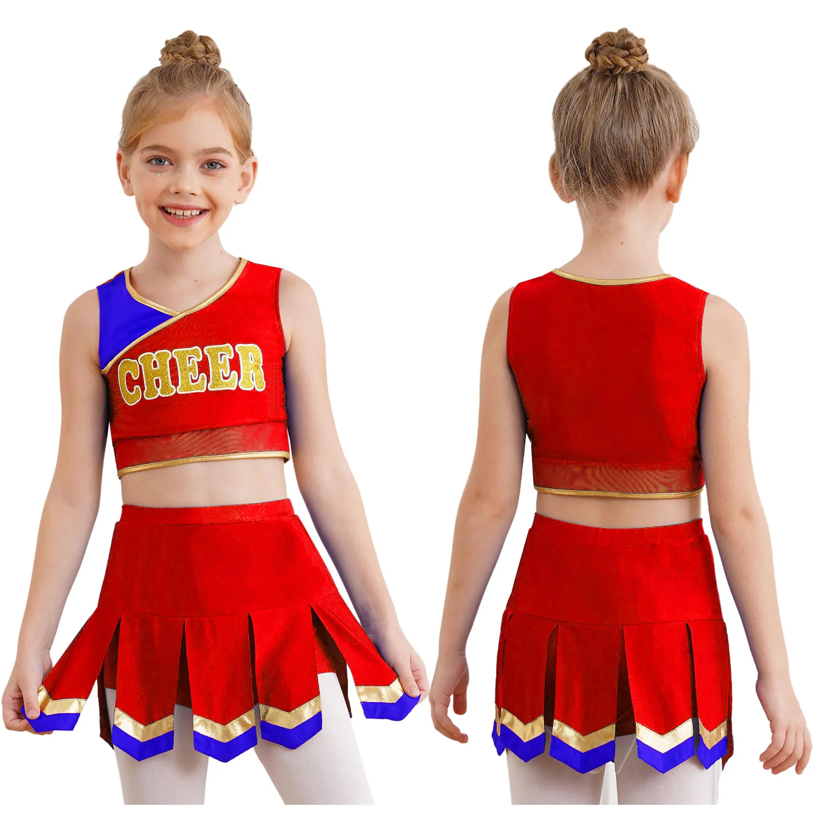 

Girls Cheerleader Uniform School Cheerleading Cosplay Performance Costume Letter Print Cheer Dance Crop Top Skirt Hand Flowers