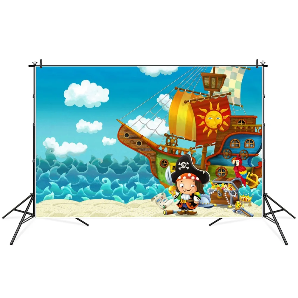 Pirate Ship Treasure Birthday Decoration Photography Backdrops Boy Sea Cartoon Island Party Photographic Background Studio Props