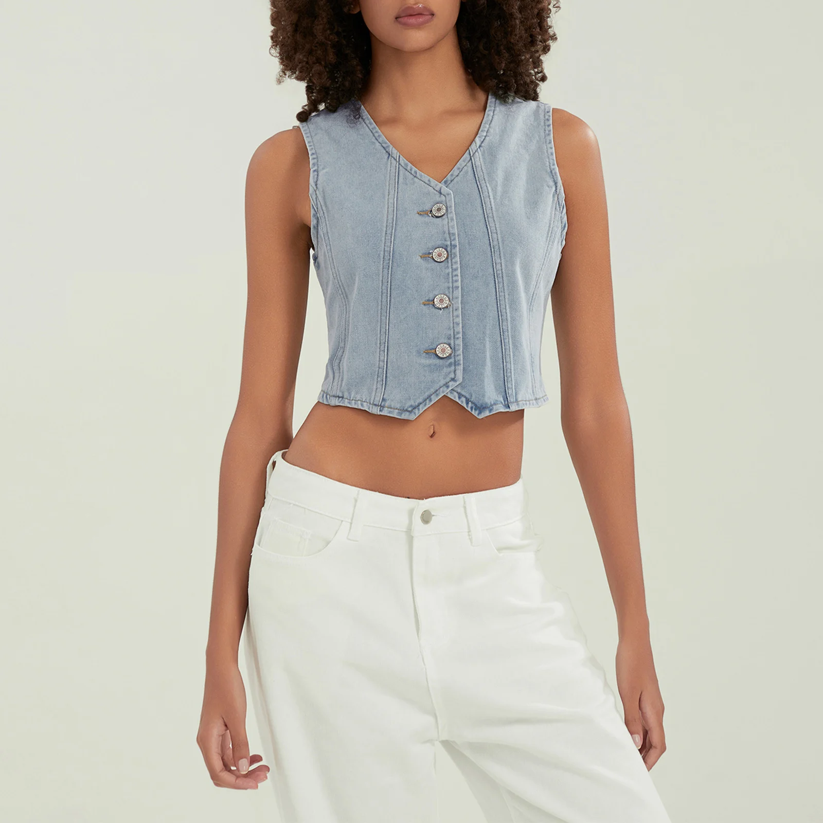 

Women's Button-up Denim Vests V-Neck Sleeveless Jean Waistcoat Crop Jacket Streetwear Women's Tank Top Summer Camis Y2k