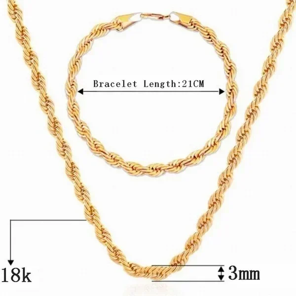 3mm Plated 18k Gold Fried Dough Twist Chain Necklace Bracelet Hip-hop Twisted Rope Cuban Lovers Party High-end Jewelry Gifts