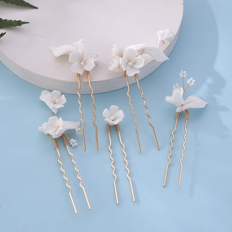 Elegant Bride Headdress White Ceramics Flower Hairclip U Shaped Hair Stick Floral Beads Designs Women Wedding Party Hair Jewelry