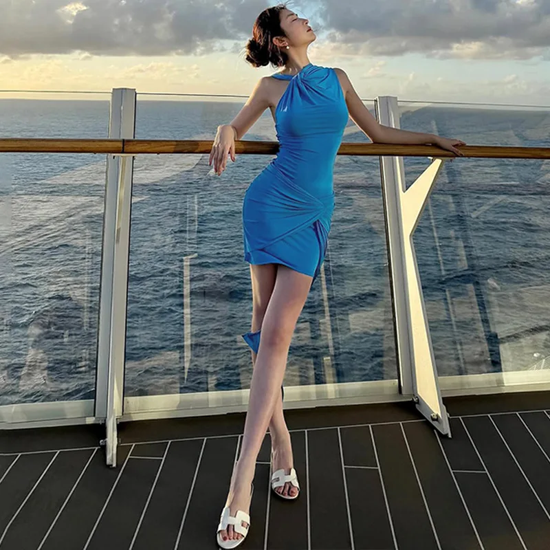 

Лето 2022, новое женское модное однотонное платье без рукавов в Европе и Америке, тонкое сексуальное женское платье на бедрах