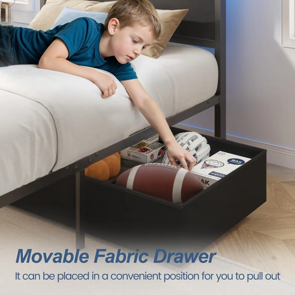 Estrutura de cama de solteiro, estrutura de cama de solteiro com cabeceira de armazenamento e gaveta de armazenamento, estação de carregamento e luz LED, sem necessidade de molas