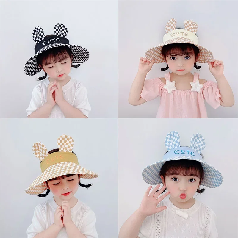 Kids Sun Hat Lattice Print Bucket Hat For Girls Big Brim Cotton Summer Outdoor UV Sunscreen Empty Top Sun Hat No Top Visor Caps